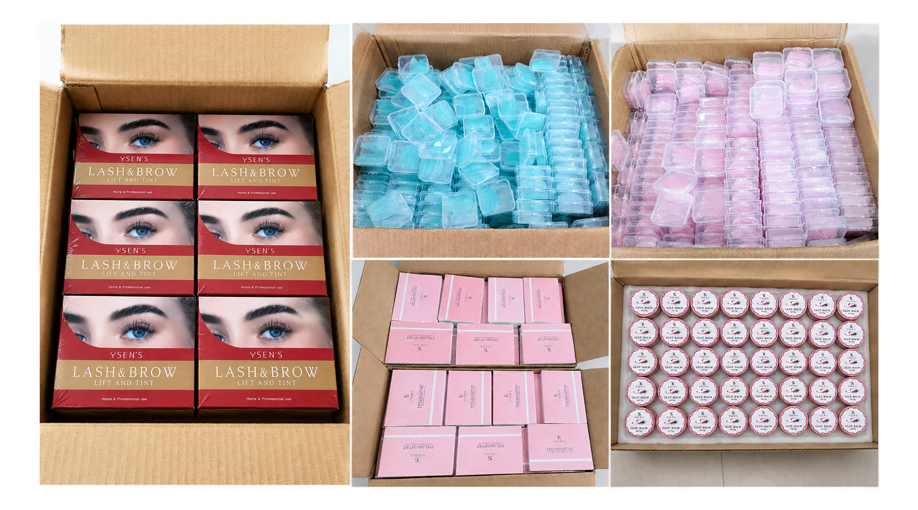 YSEN’S beauty product inventory collage showing open cardboard boxes with eyelash lift kits, blue and pink lash lift pads, lash and brow lift and tint kits, and glue balm packed neatly for shipment