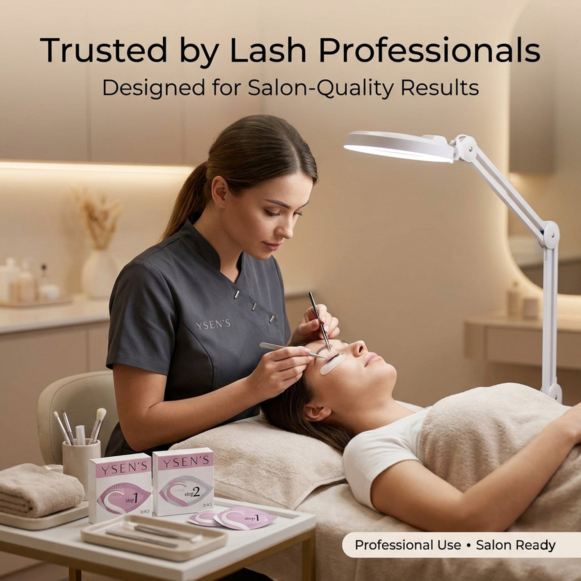 Lash artist preparing Step 1 and Step 2 sachets for a lash lift service