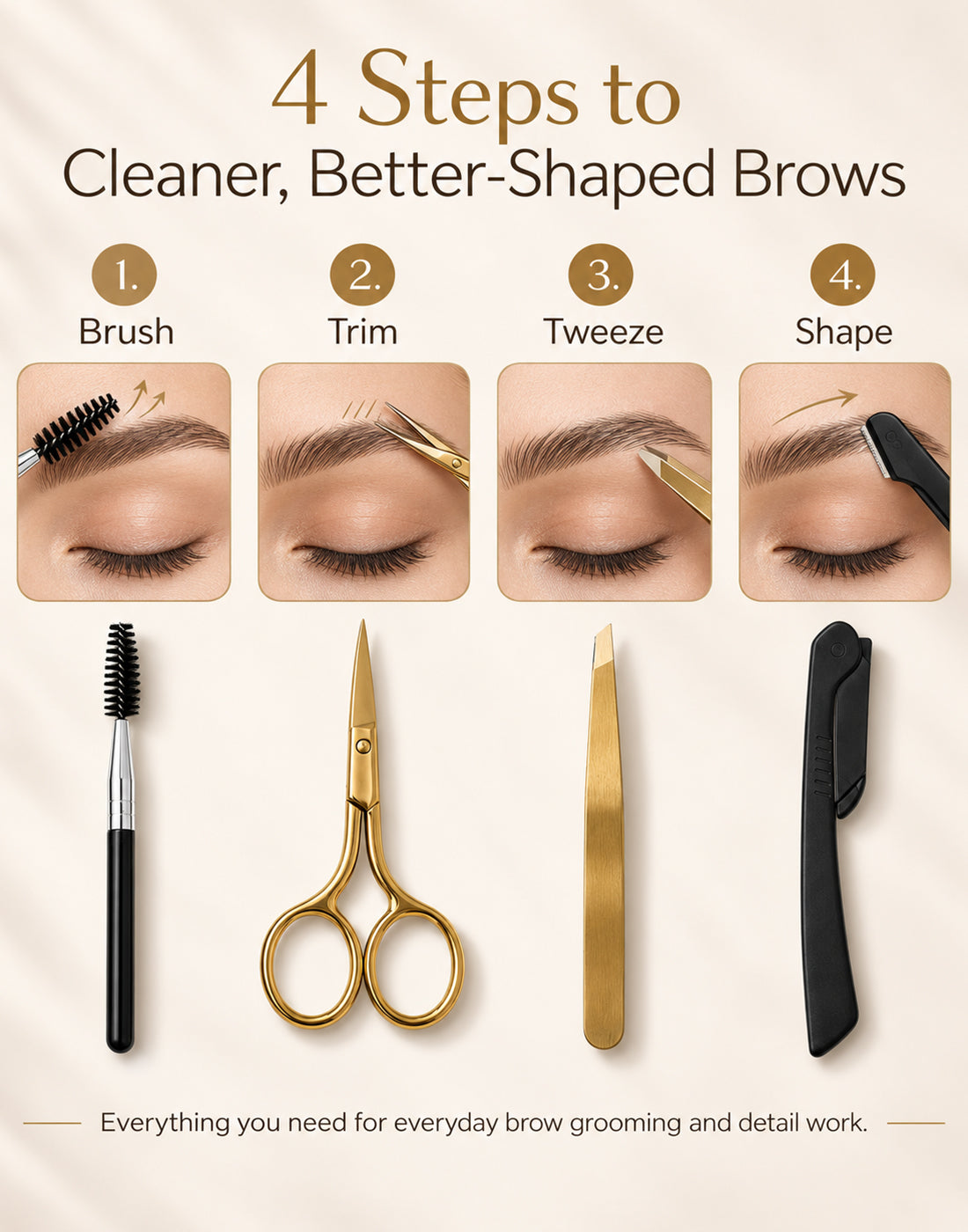 Four-step eyebrow grooming routine using spoolie, brow scissors, precision tweezers and brow razor