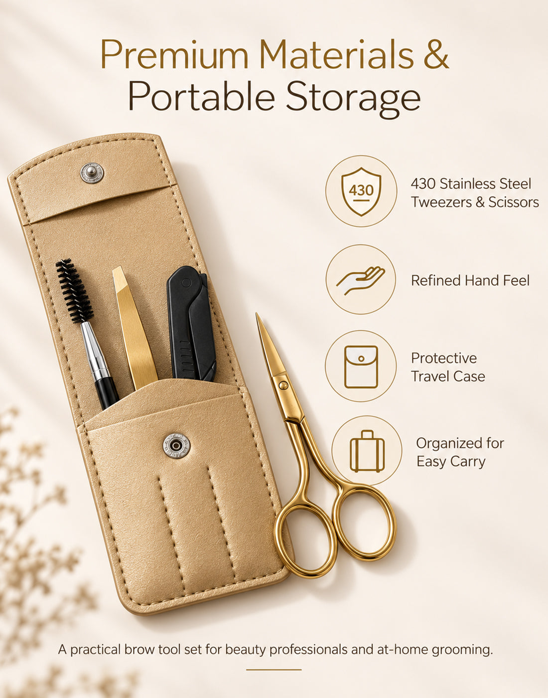 YSEN’S brow grooming kit with 430 stainless steel tweezers and scissors in portable travel case
