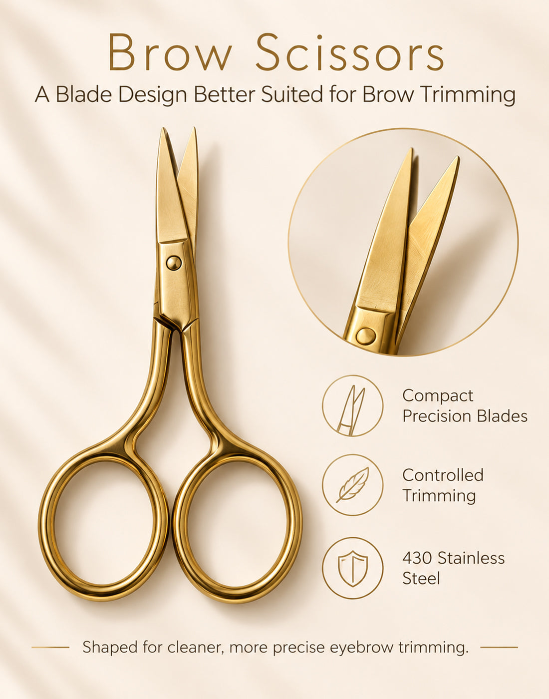YSEN’S brow scissors with compact precision blade detail and 430 stainless steel construction