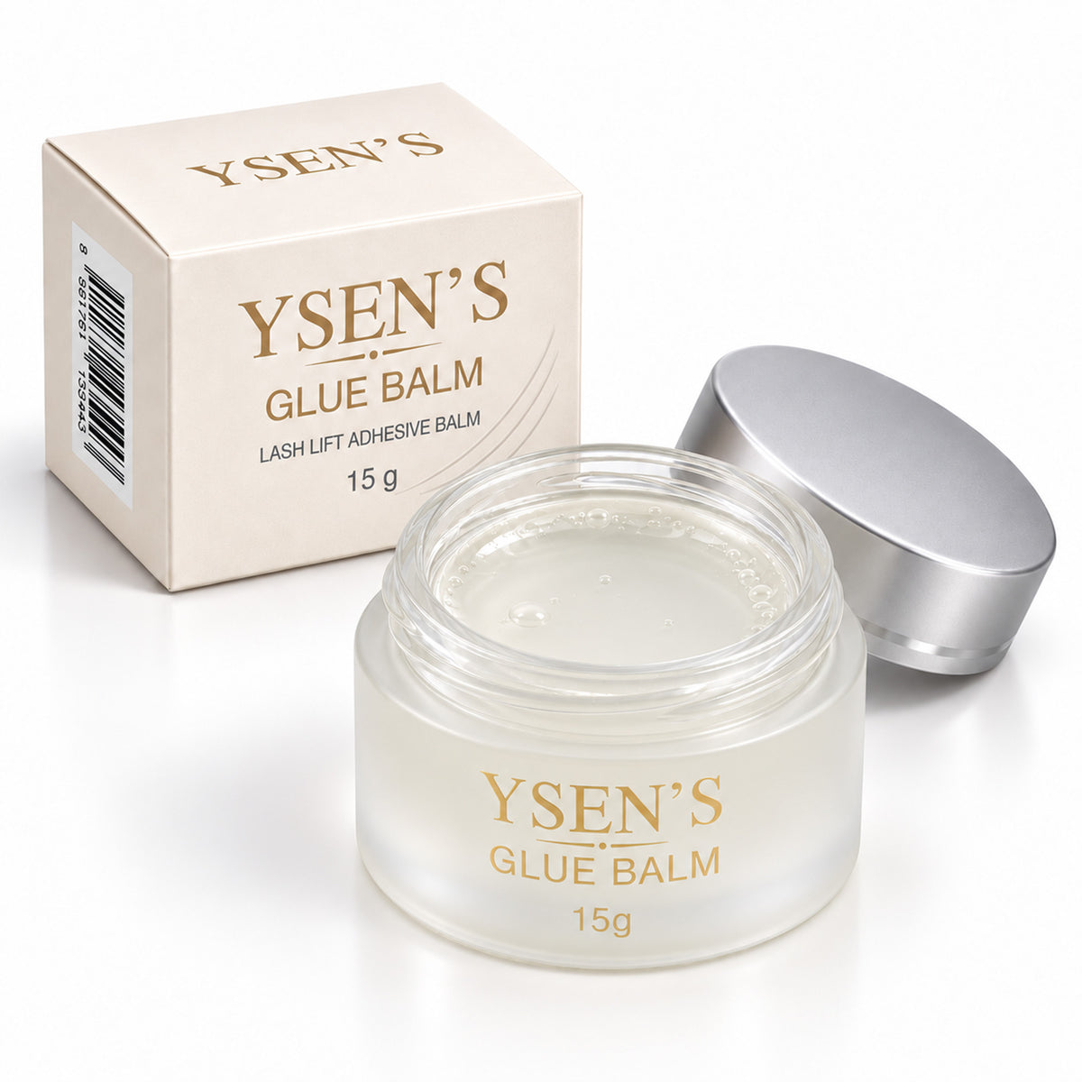 YSEN’S Clear Lash Lift Glue Balm 15g with silver lid and packaging