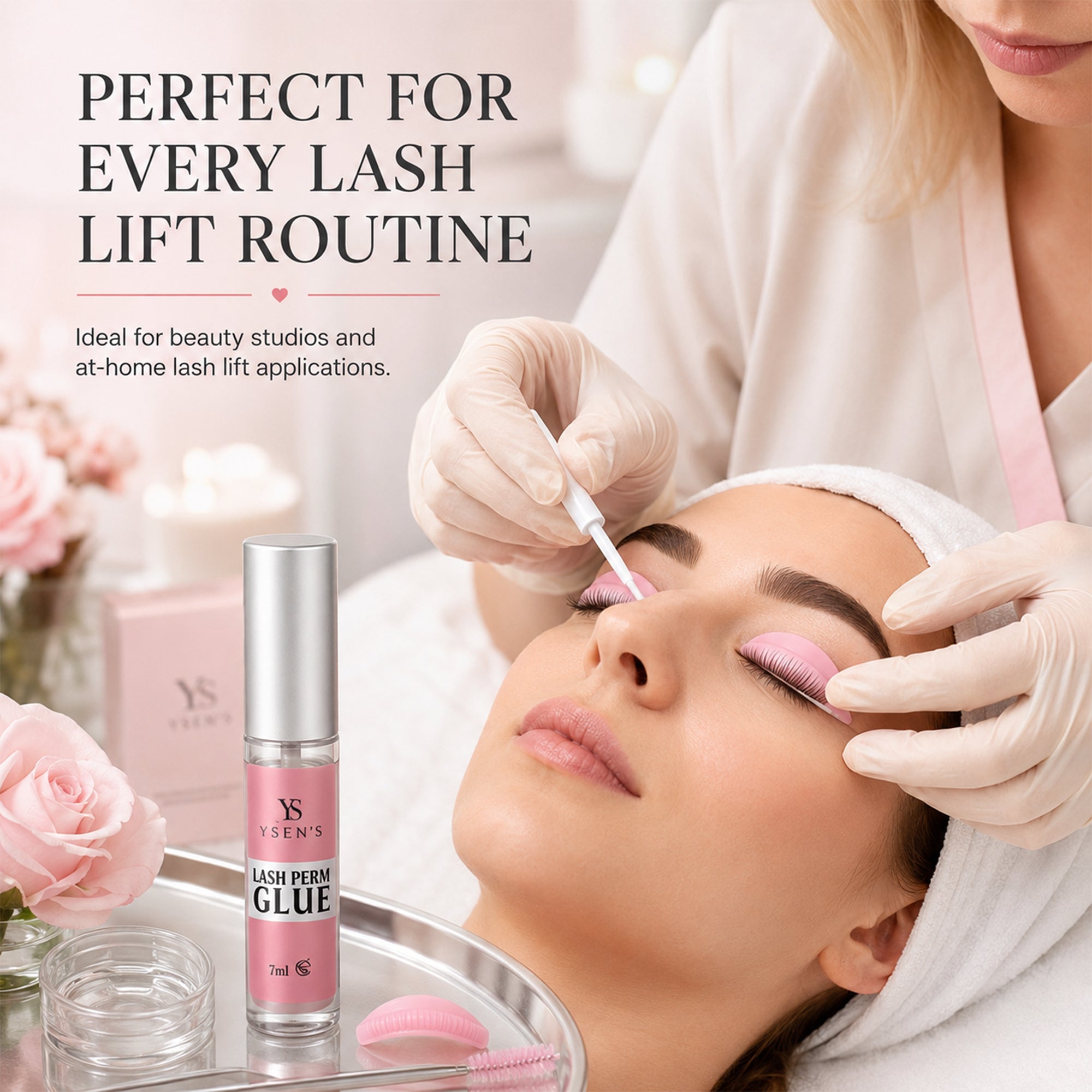 Lash artist applying YSEN’S clear lash lift glue with the brush applicator to lashes on pink silicone shields