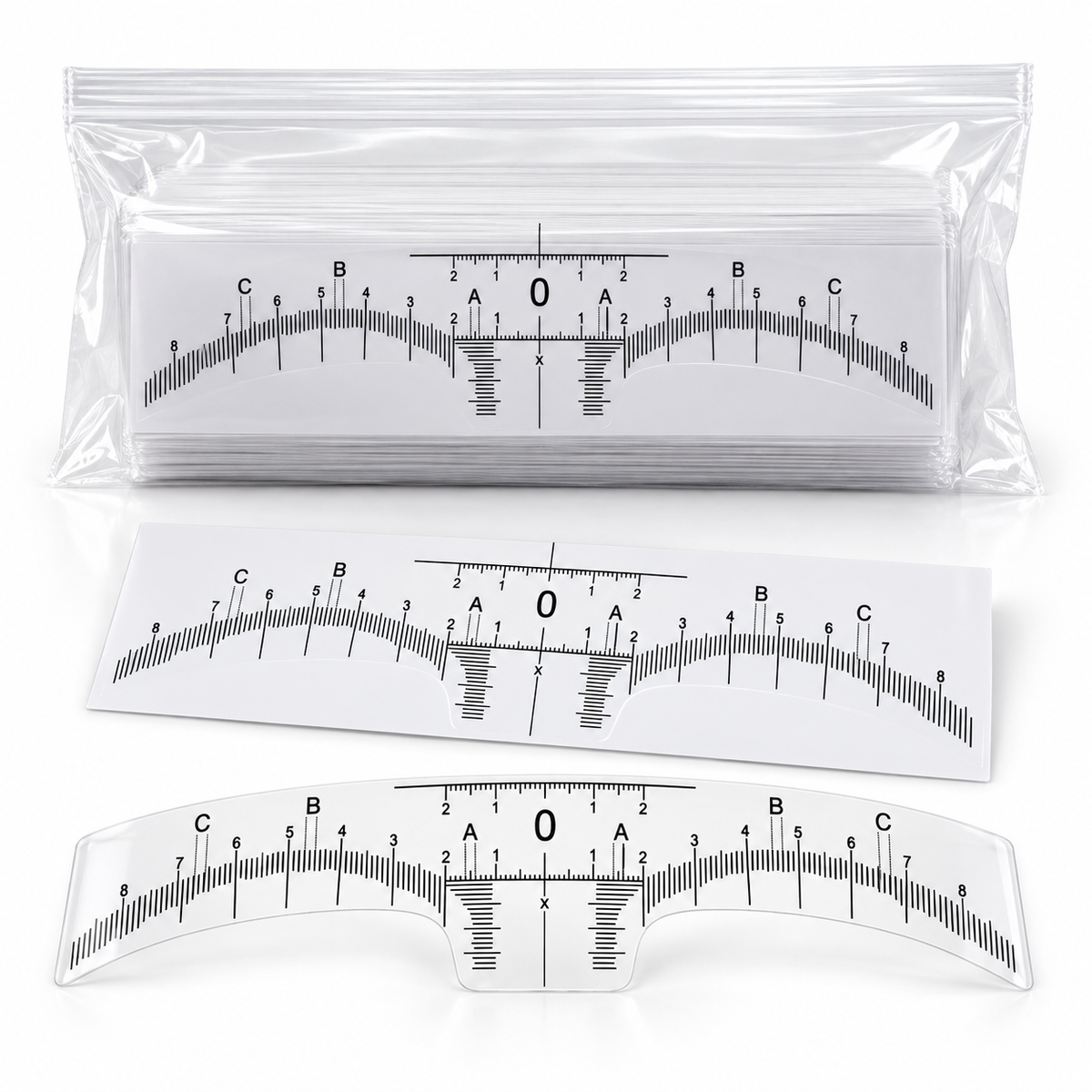 YSEN’S disposable eyebrow mapping rulers 100PCS showing rectangular backing sheets and one peeled transparent ruler