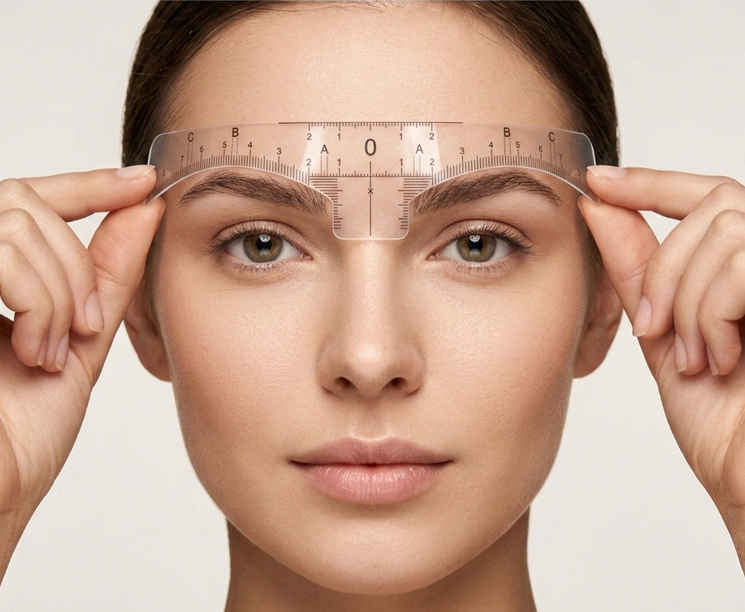 Transparent eyebrow mapping ruler aligned across the brows for shape planning
