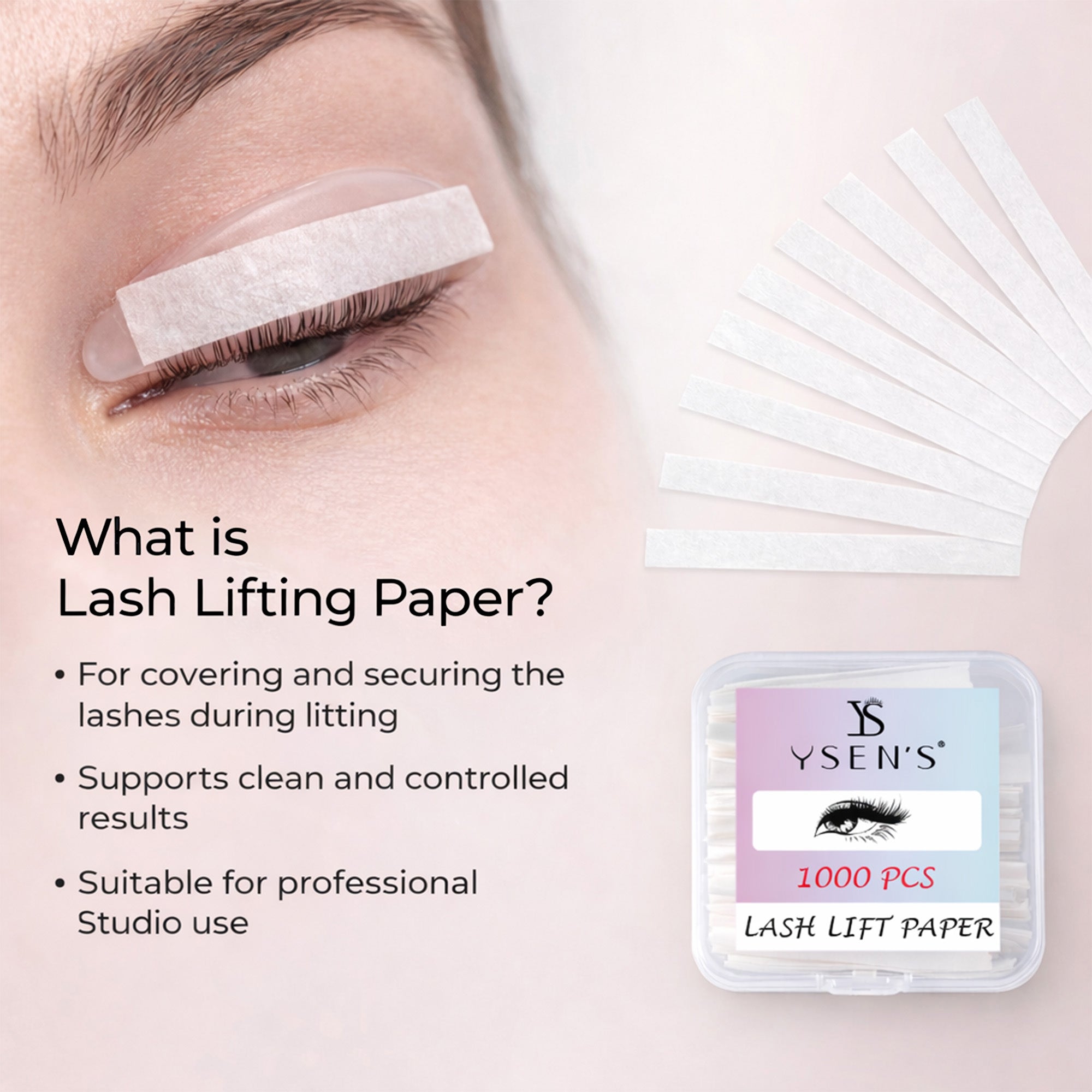 White YSEN’S eyelash lifting paper covering lashes on a shield beside pre-cut strips and the 1000-piece box