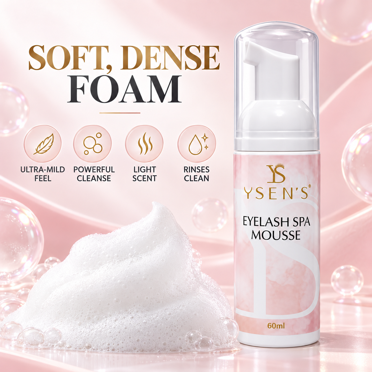 YSEN'S eyelash cleansing mousse with soft dense foam and key benefits