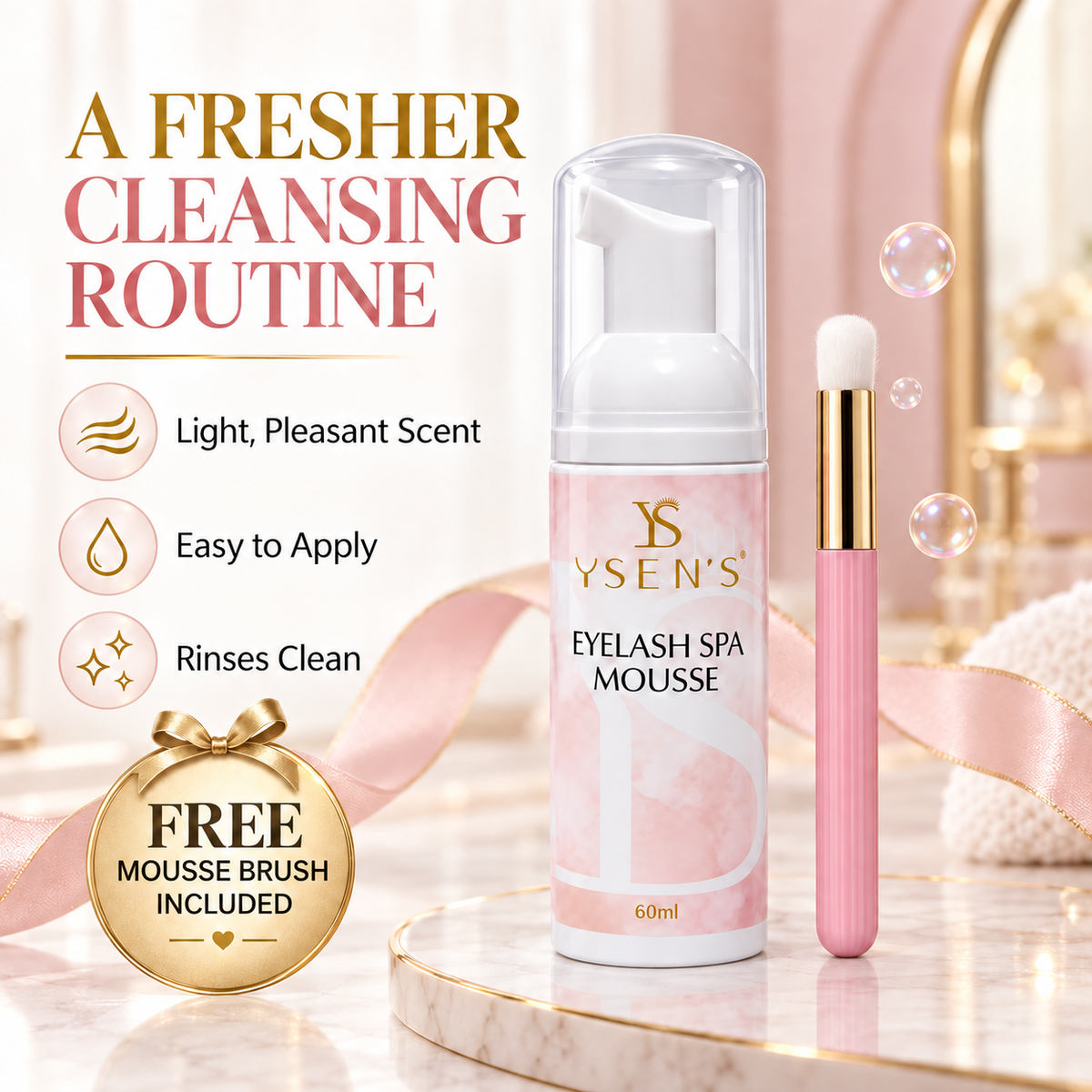YSEN'S Eyelash Spa Mousse with free uncovered pink and gold mousse brush
