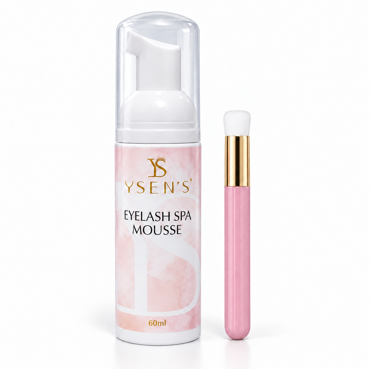 YSEN'S Eyelash Spa Mousse 60ml with included uncovered pink and gold cleansing brush