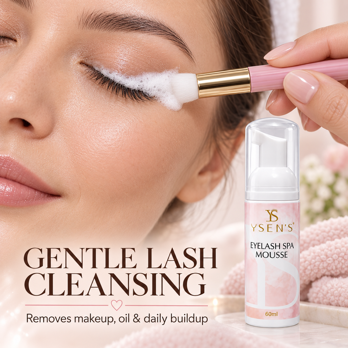How to gently cleanse lashes with YSEN'S Eyelash Spa Mousse and soft brush
