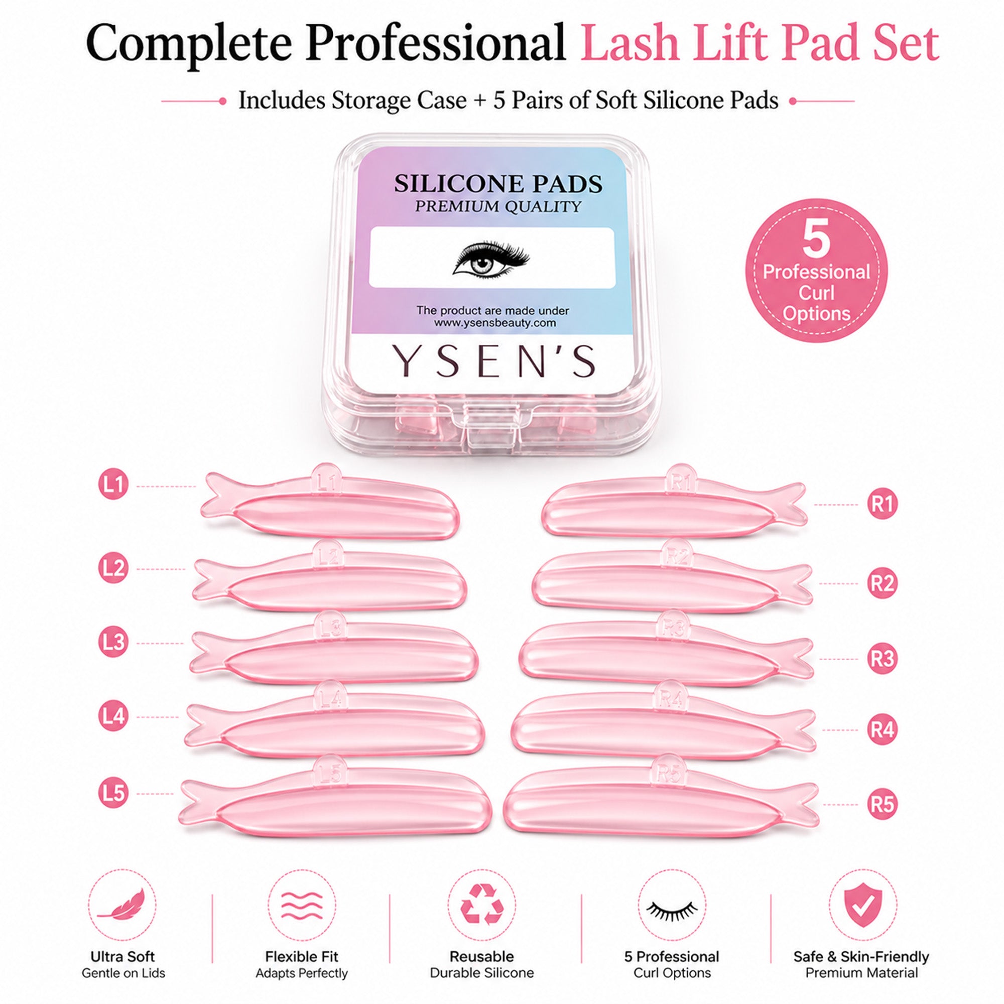 YSEN’S 10-piece fish-shaped lash lift shield set with five numbered left-and-right pairs and case