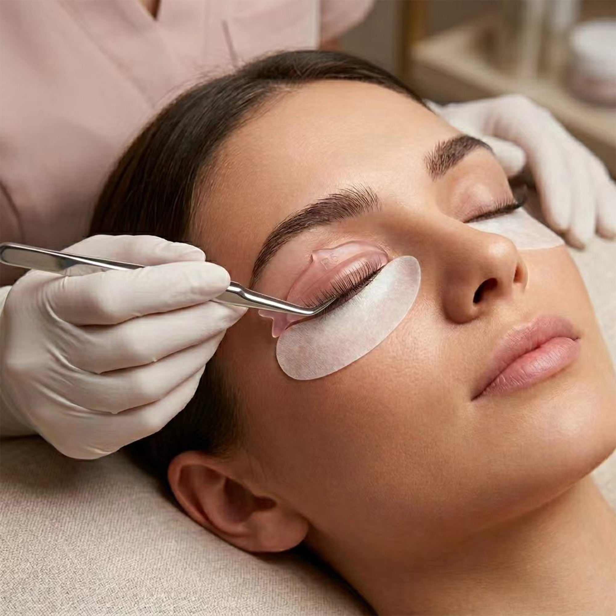 Lash artist checking natural lashes positioned on a YSEN’S fish-shaped lash lift shield