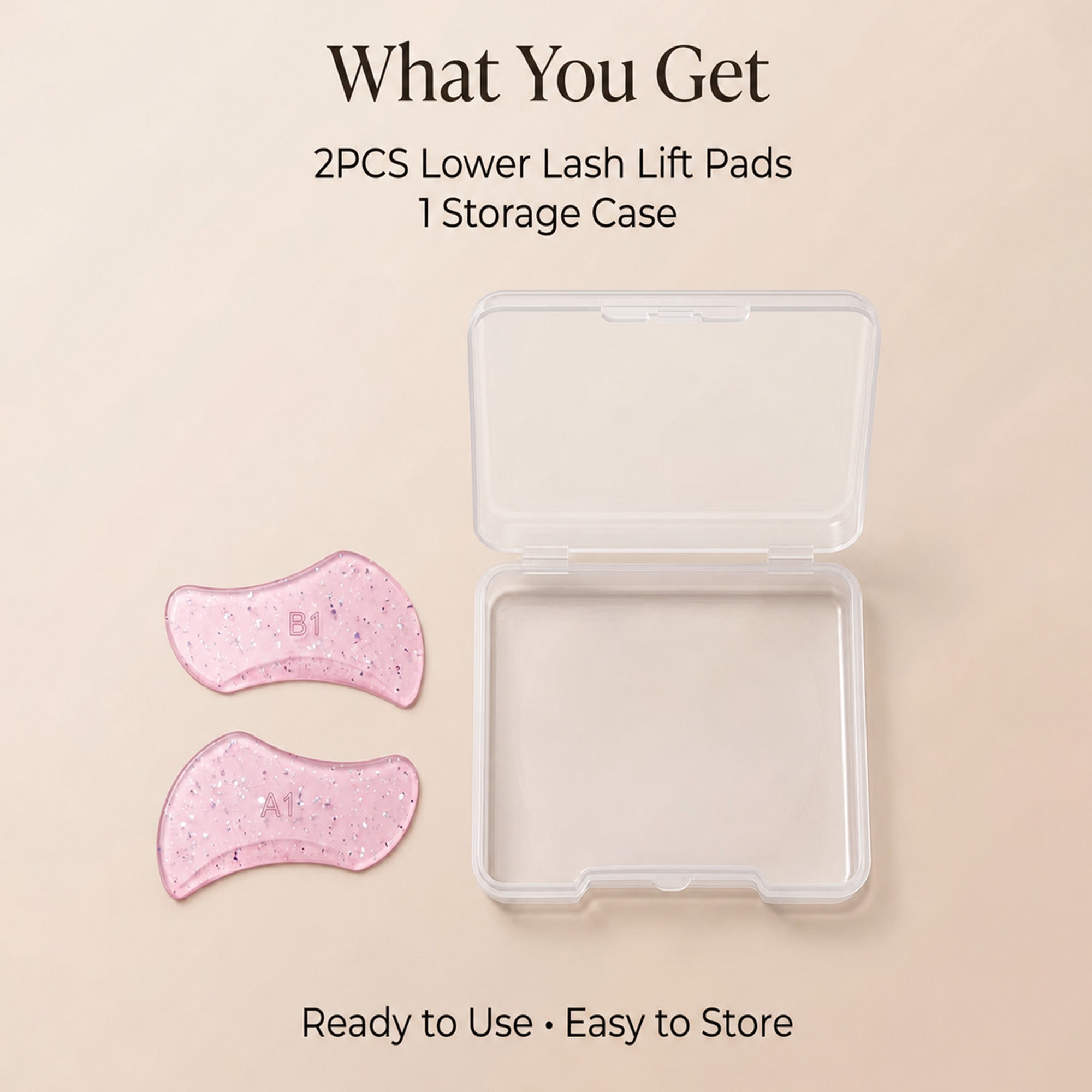Two pink glitter YSEN’S flat lower lash shields marked A1 and B1 beside the included clear storage case