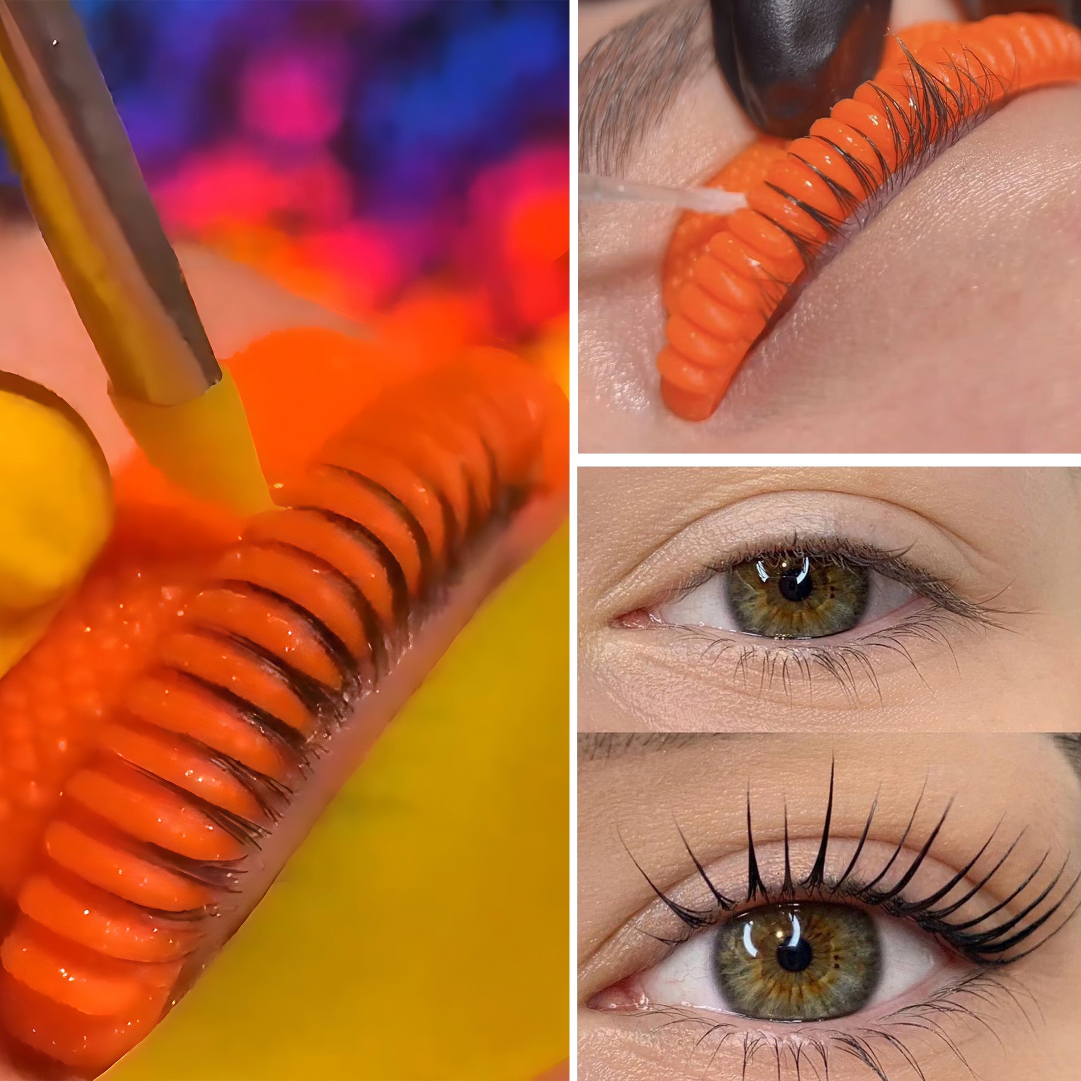 Orange YSEN’S grooved lash lift shield with lashes arranged in channels during application