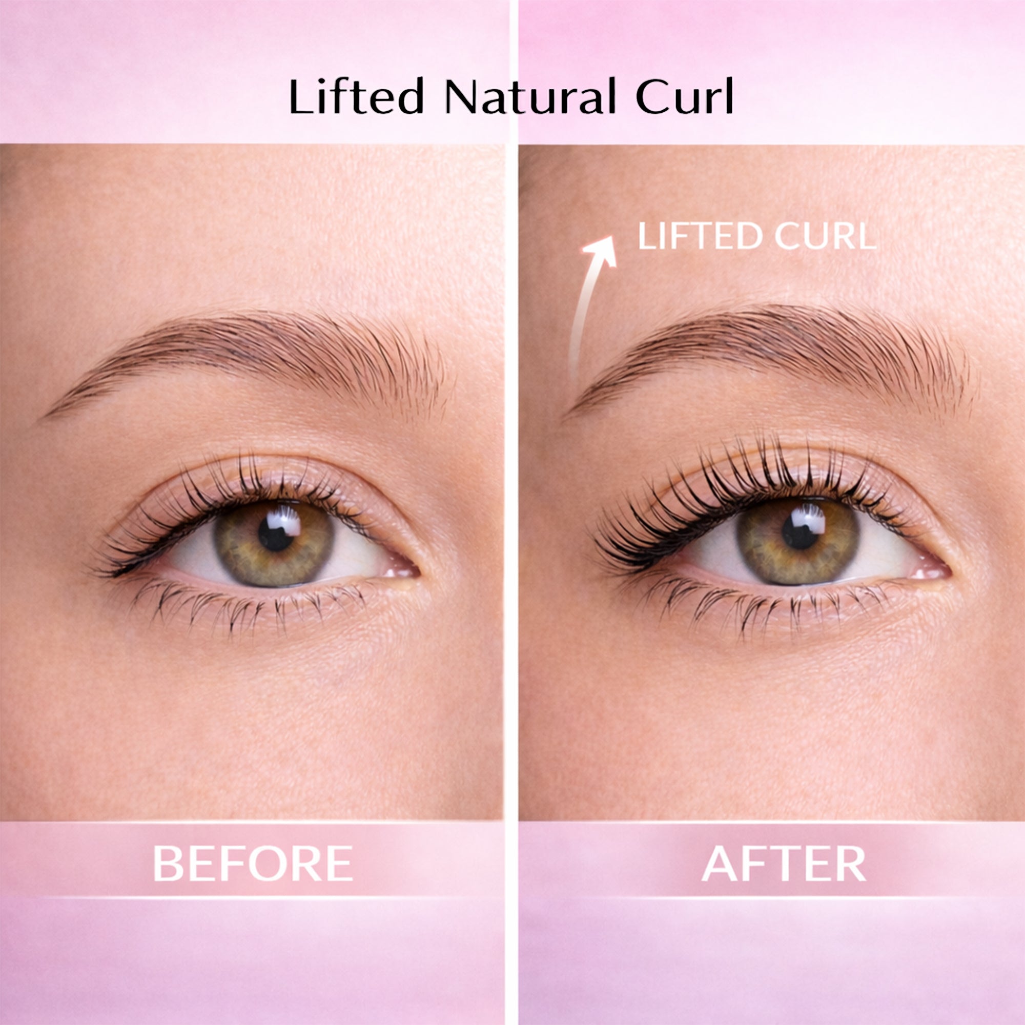 Illustrative before-and-after view of natural eyelashes following a lash lift service