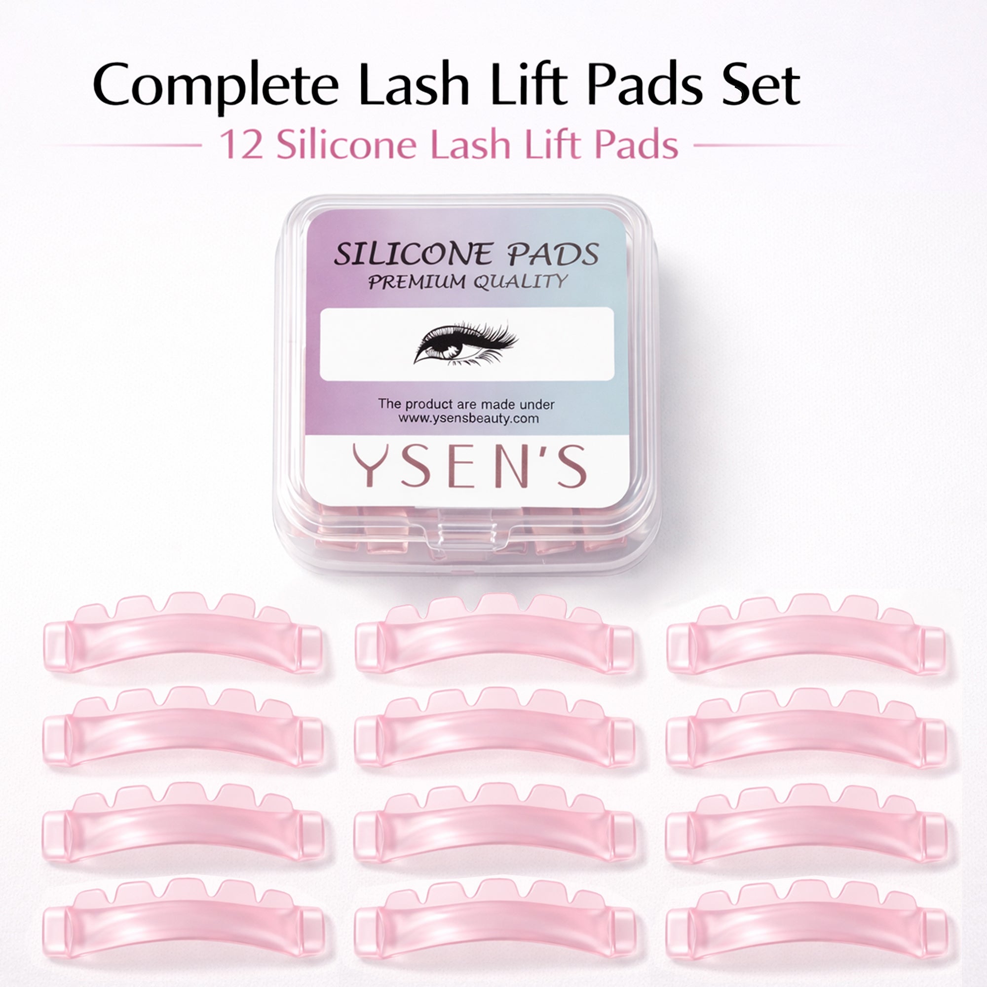 YSEN’S complete set of 12 translucent pink Korean lash lift shields with storage case
