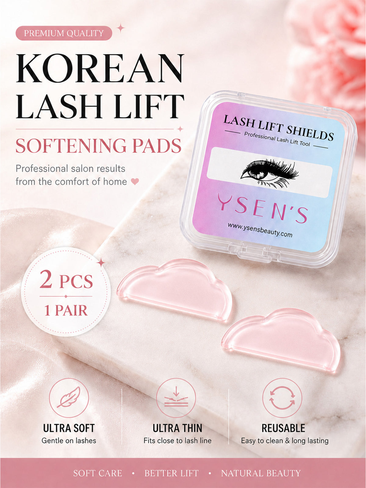 YSEN’S Korean lash lift Step 1 softening pads, 2 pieces with storage case