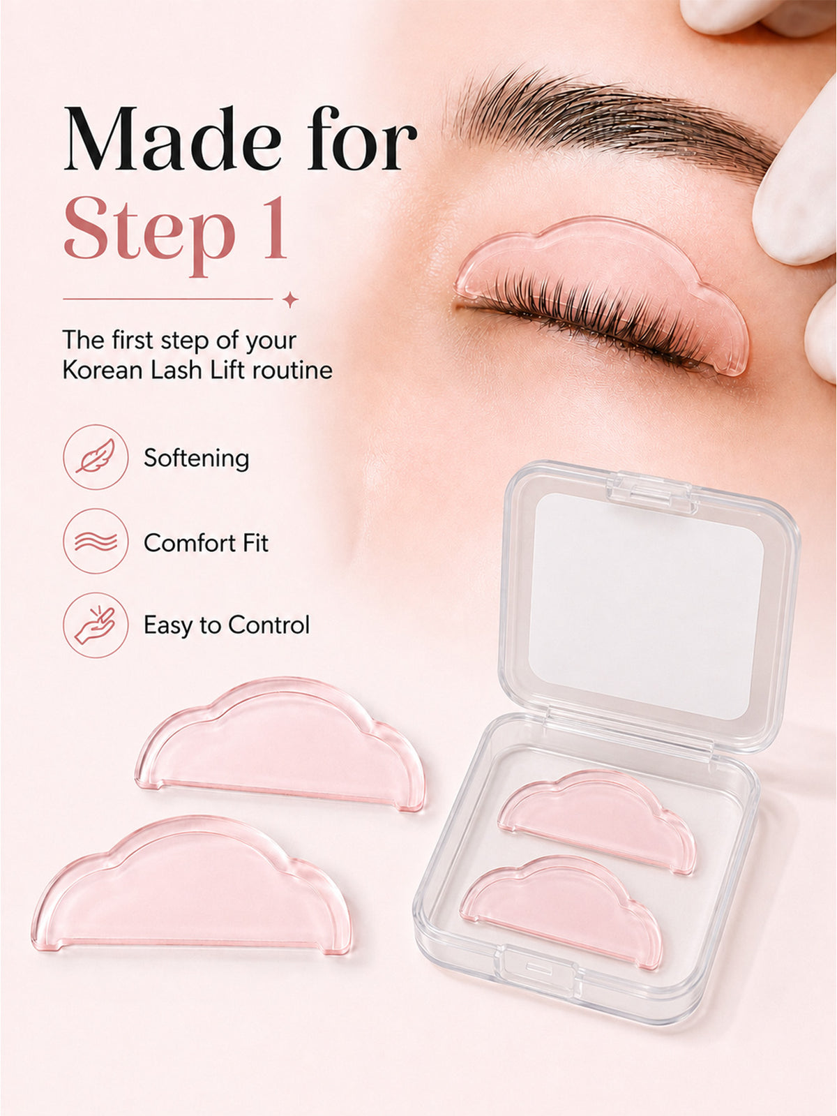 Flat softening pads used during Step 1 of a Korean lash lift routine