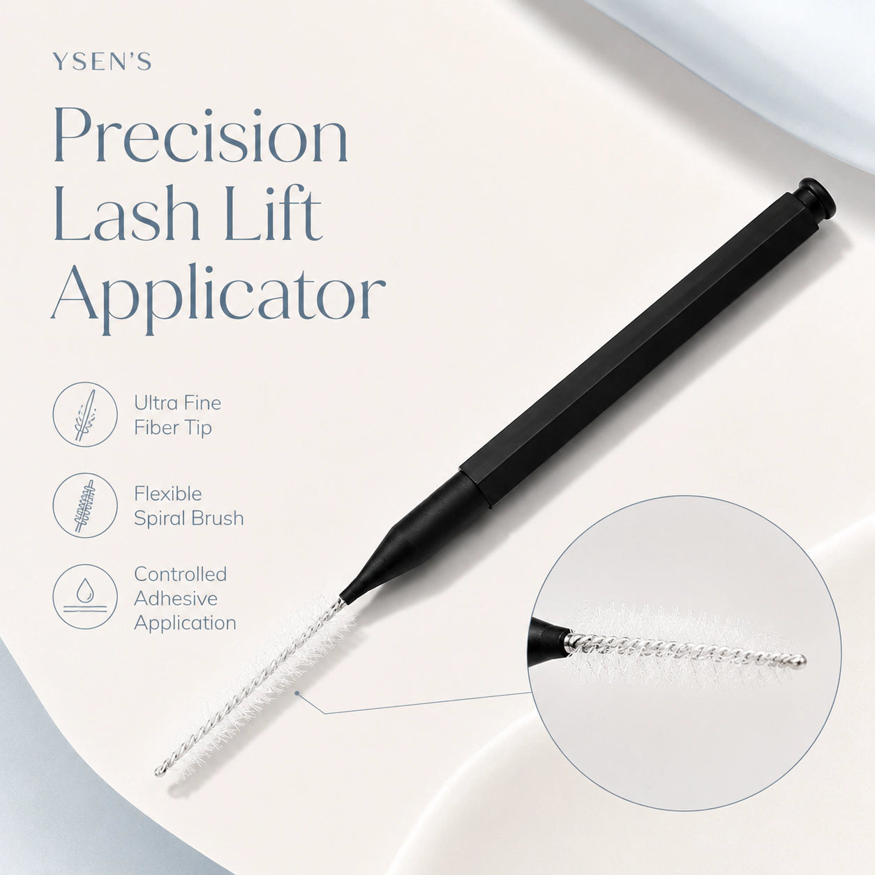YSEN’S lash lift brush detail showing ultra fine fiber tip, flexible spiral brush design, and precision adhesive control tool for lash artists