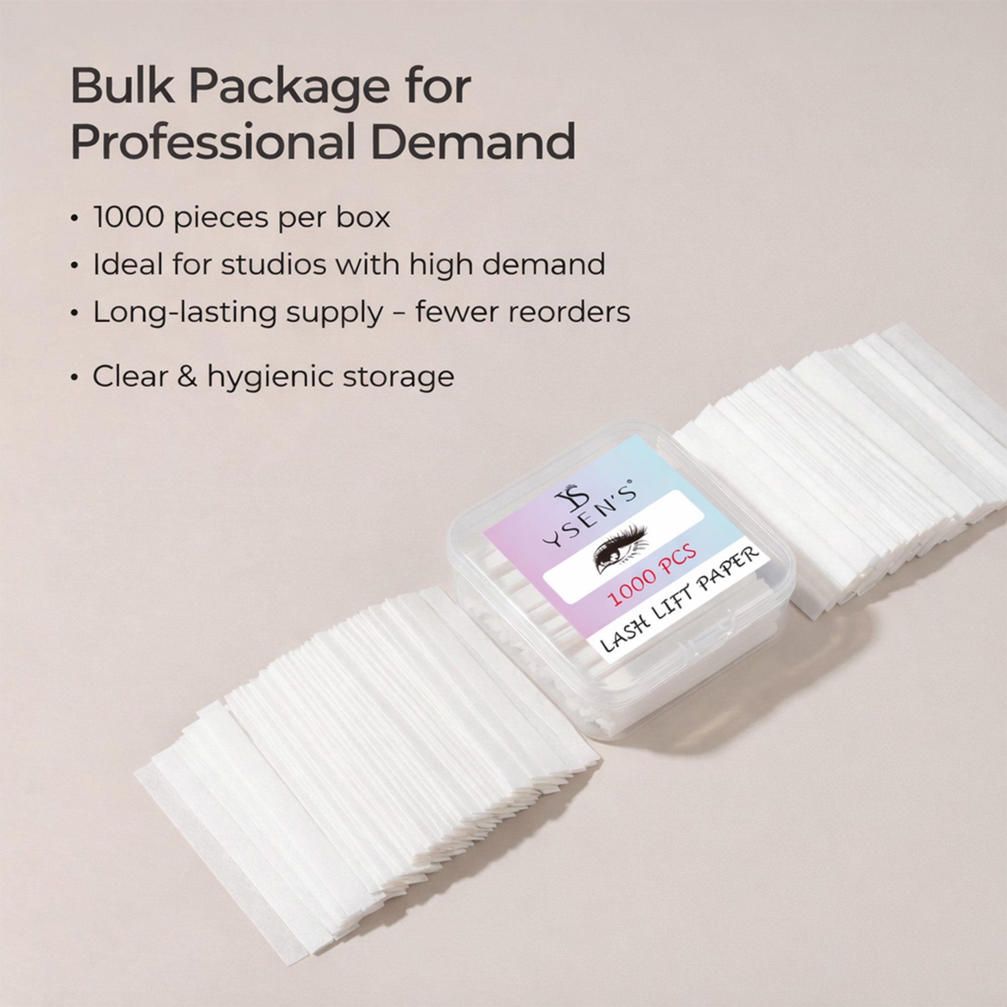 Bulk supply of 1000 white YSEN’S lash lift paper strips with a clear storage box for salon workflows