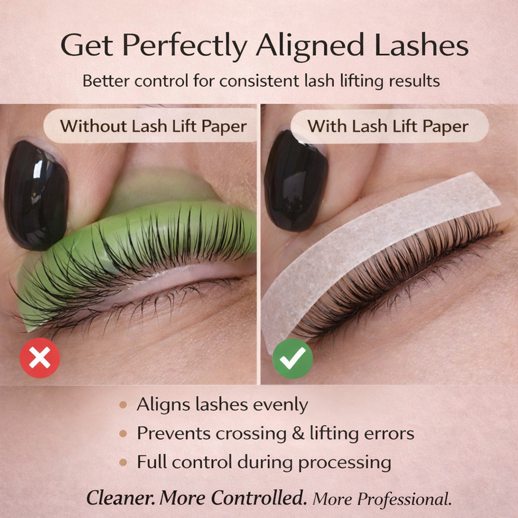 Comparison of lashes on a silicone shield without and with a YSEN’S lash lift paper strip placed over them