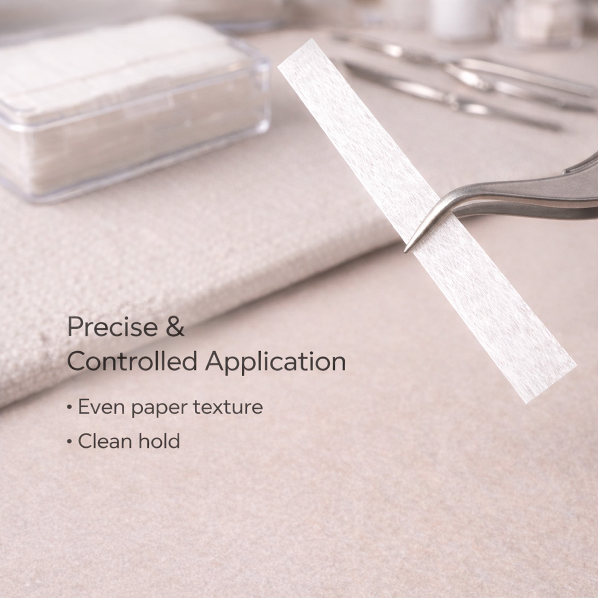 Tweezers holding one white YSEN’S pre-cut lash lift paper strip beside the storage box and salon tools