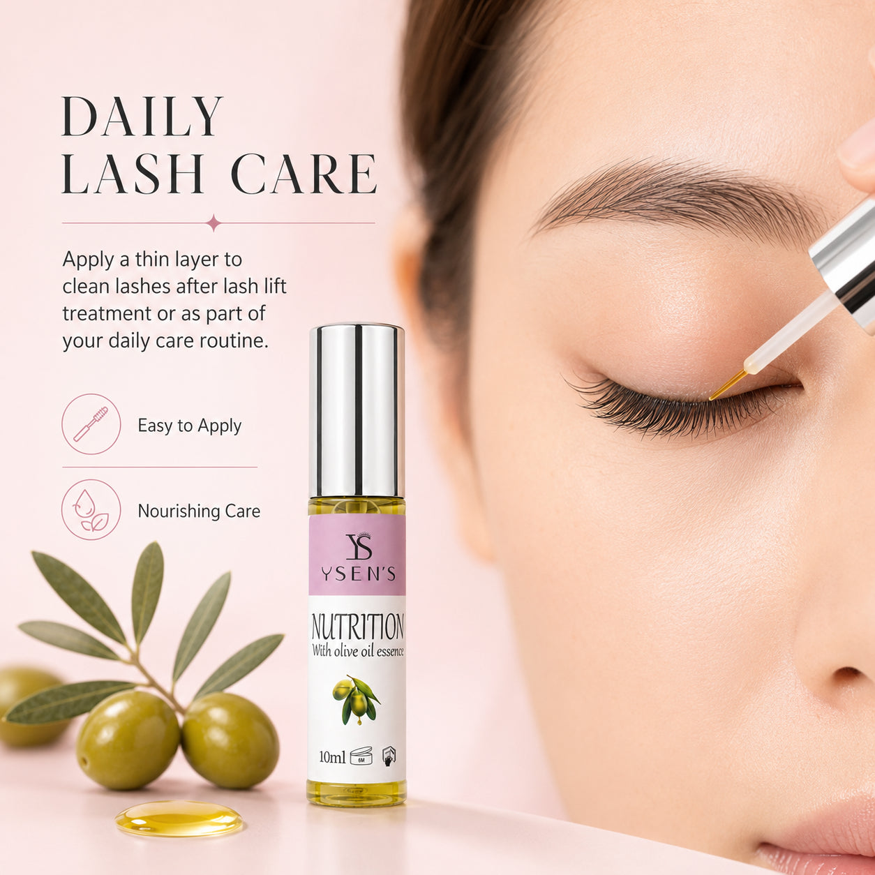 Precision applicator applying YSEN’S lash nourishing essence to clean natural lashes during a daily care routine