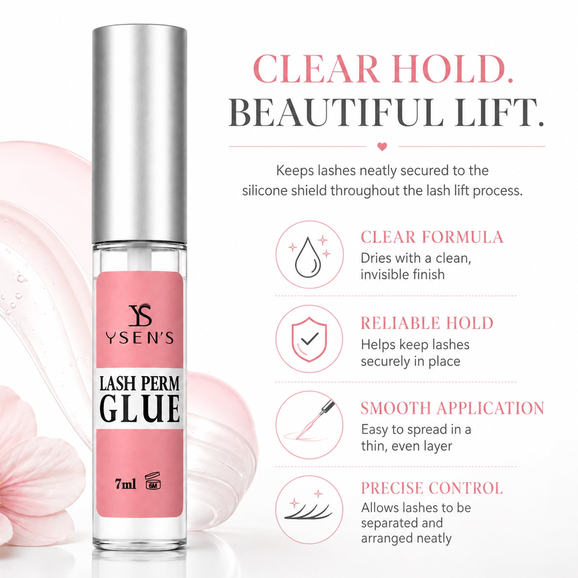 YSEN’S 7ml liquid lash lift adhesive with feature icons for clear finish, lash hold and brush application
