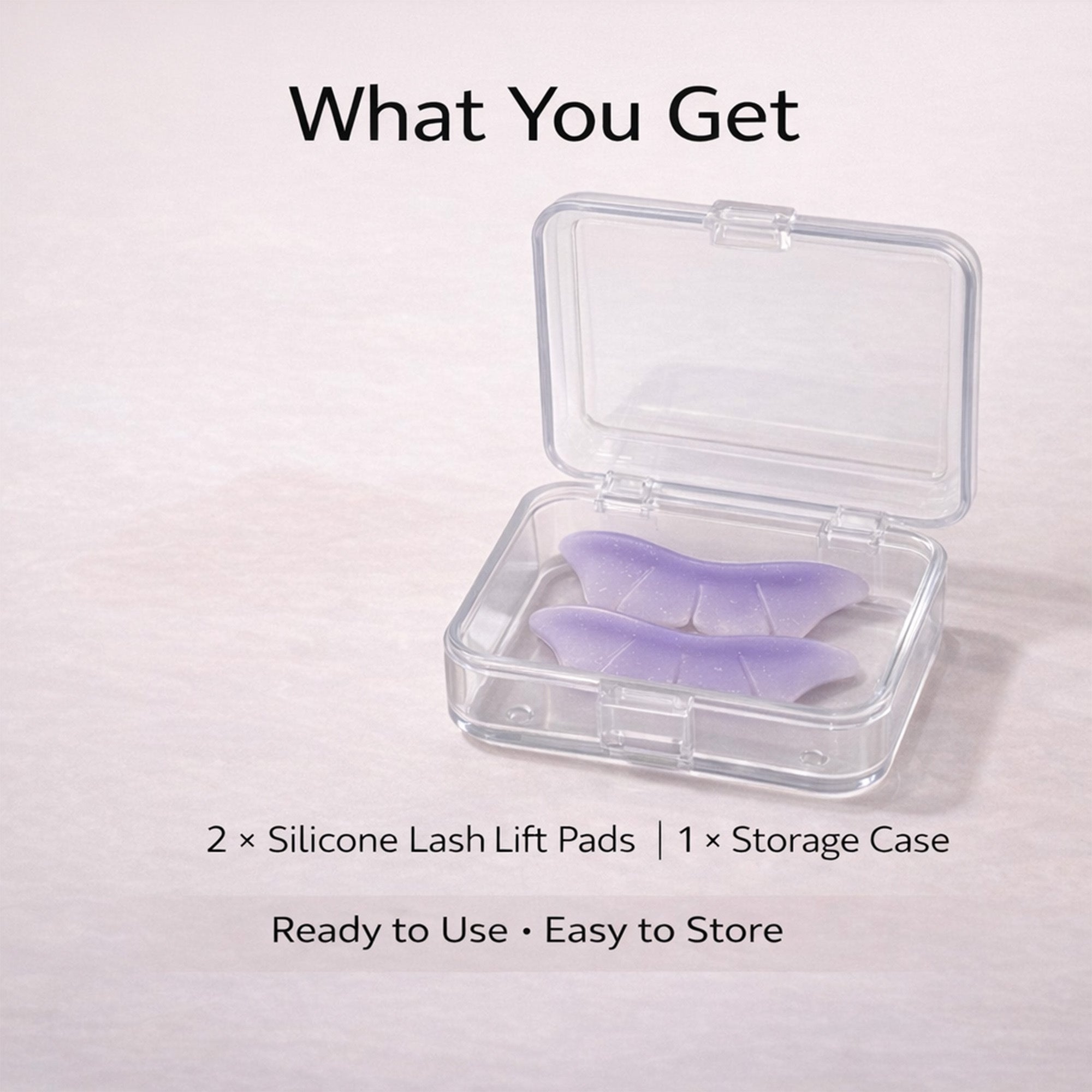 Two purple glitter YSEN’S silicone lower lash lift shields inside the included clear storage case