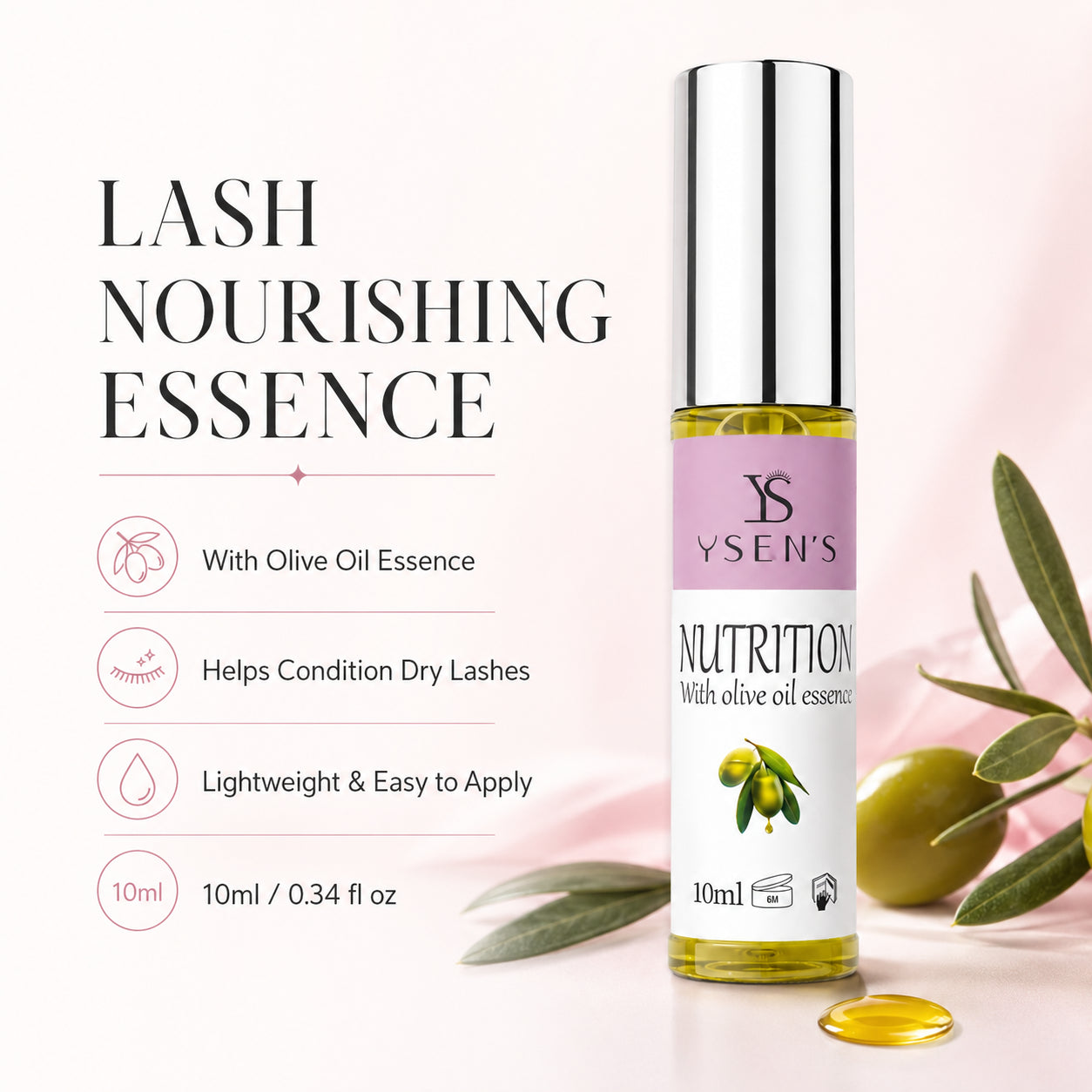YSEN’S 10ml lash nourishing essence beside olives with icons for conditioning dry lashes and lightweight application