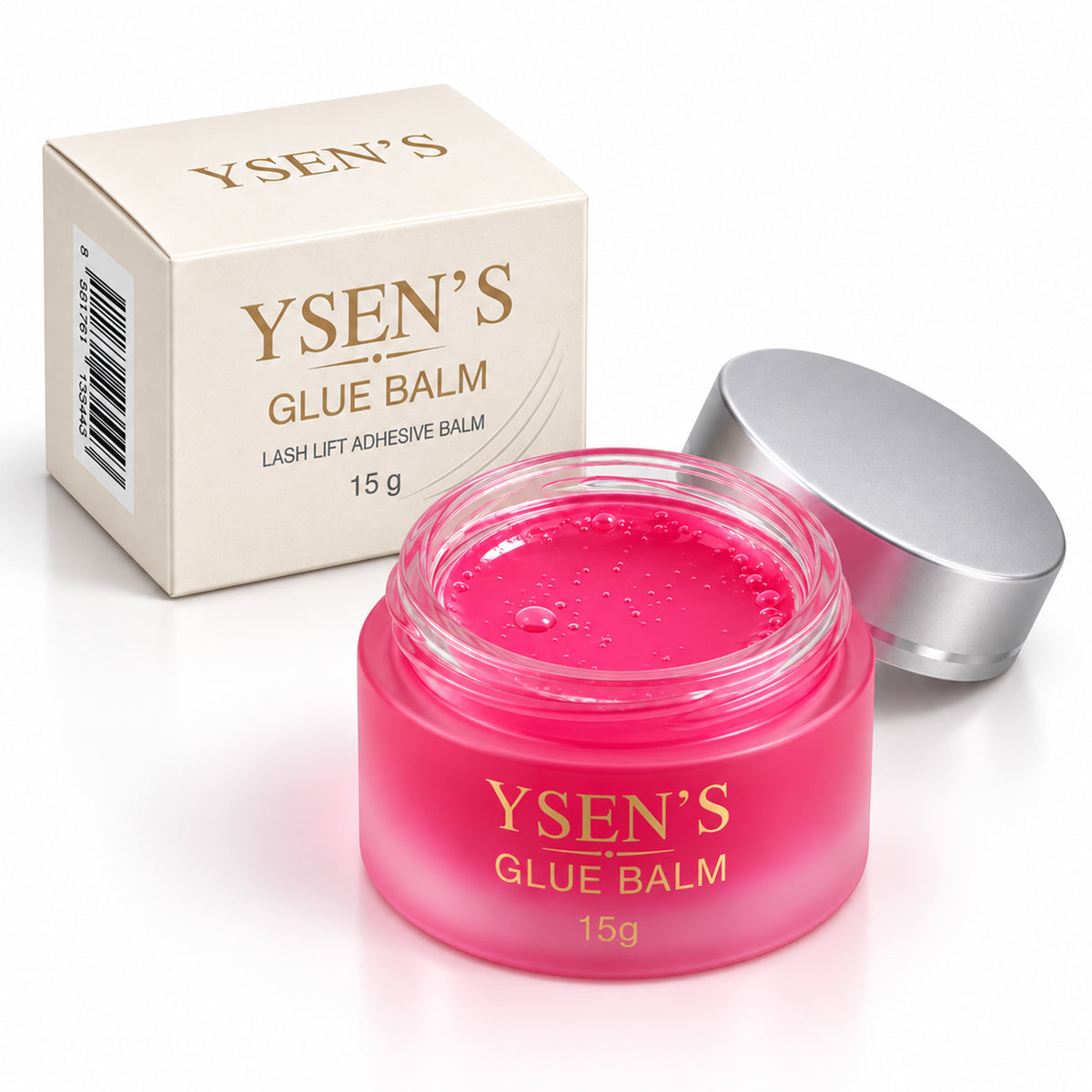 YSEN’S Pink Lash Lift Glue Balm 15g with silver lid and packaging