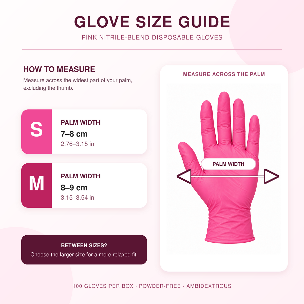 English size guide for pink nitrile gloves showing natural glove fit and S/M palm measurements in centimeters and inches