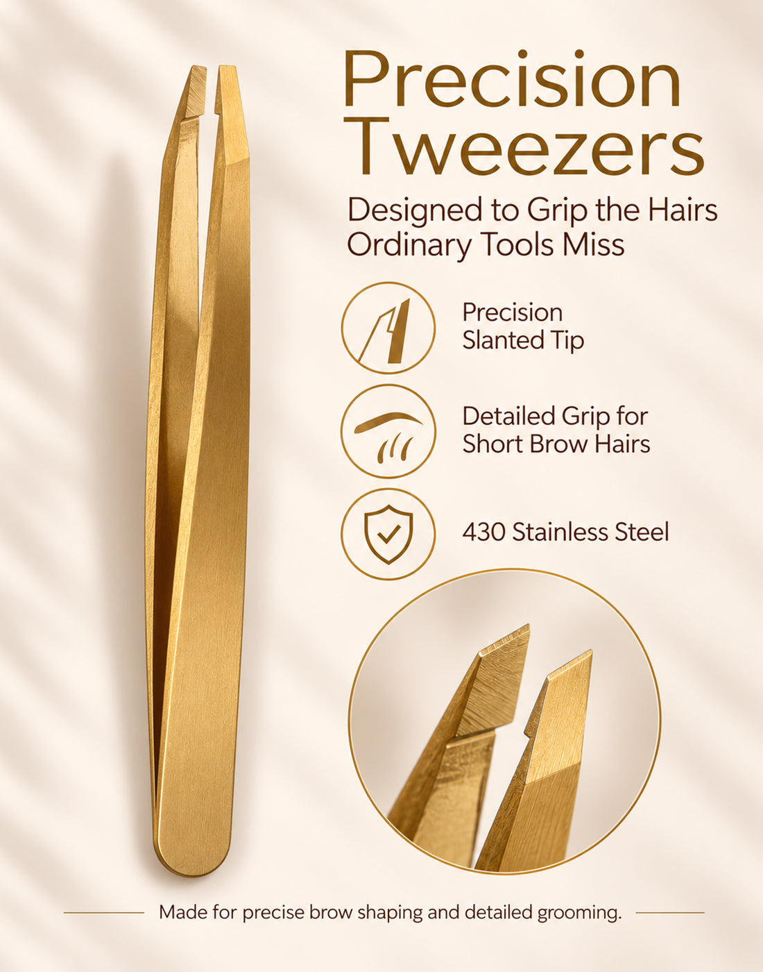 YSEN’S precision brow tweezers with slanted tip detail and 430 stainless steel construction