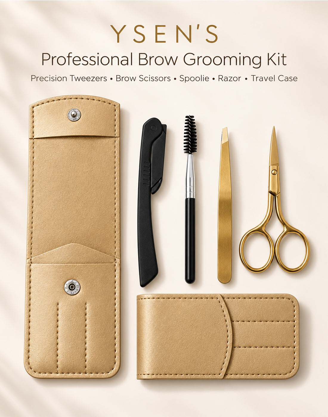 YSEN’S professional brow grooming kit with precision tweezers, brow scissors, spoolie, razor and travel case