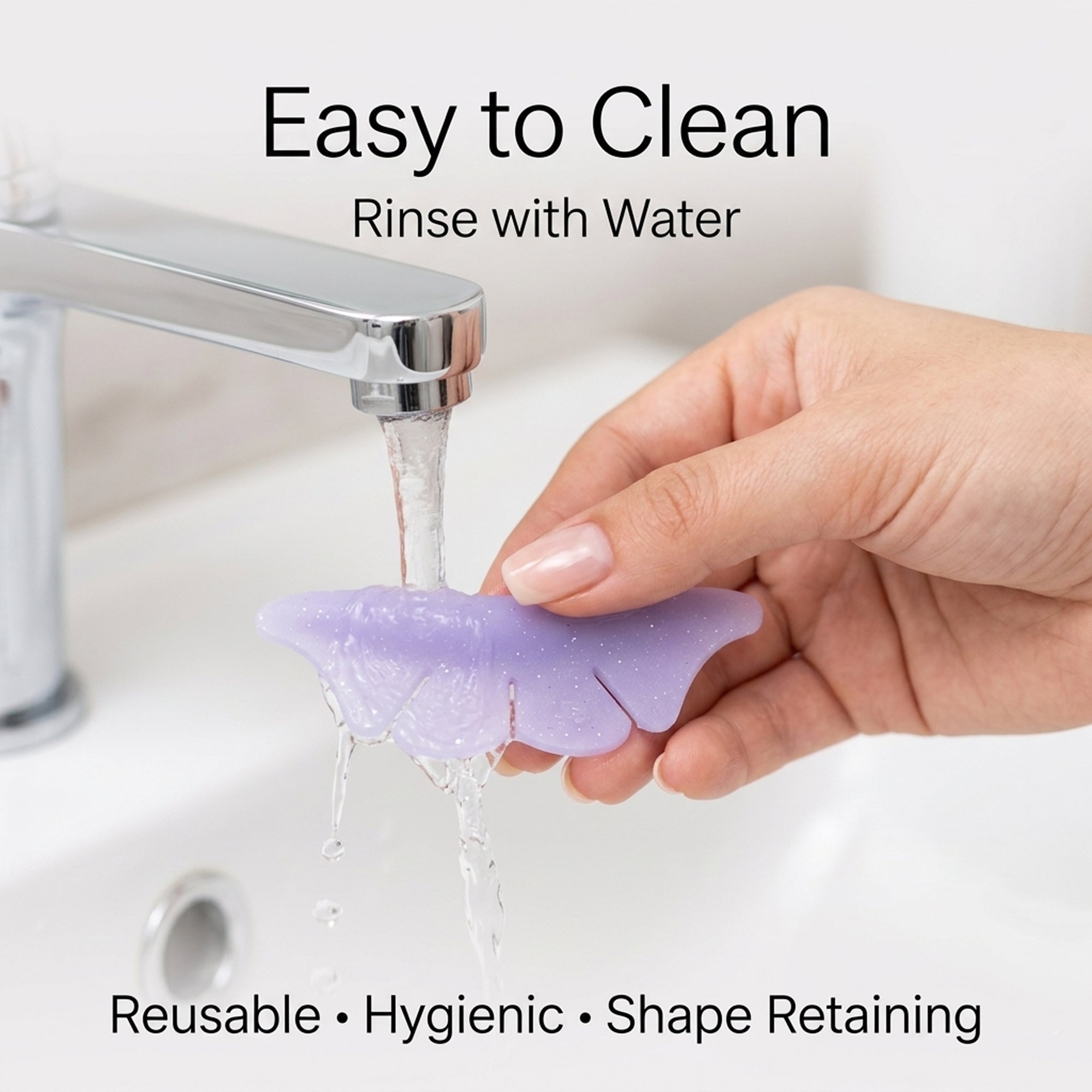 Purple reusable YSEN’S silicone lower lash shield being rinsed with water during the cleaning process