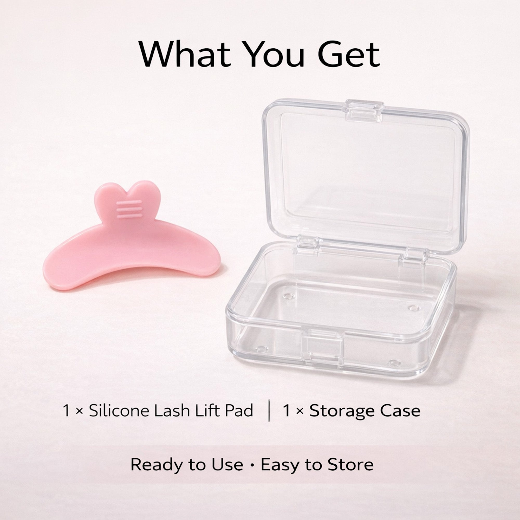 One pink YSEN’S Step 1 reverse lash lift shield beside the included clear storage case