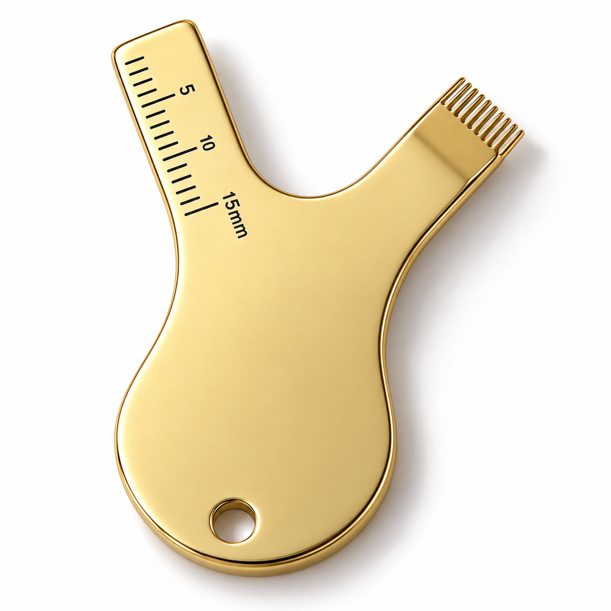 YSEN’S gold stainless steel lash lift Y brush with 5–15 mm measuring scale and fine comb teeth on white background