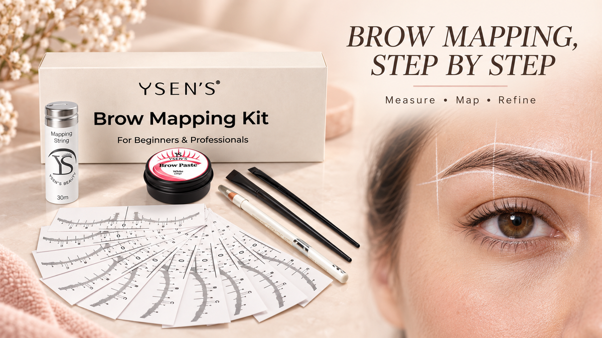 YSEN’S brow mapping kit beside an illustrated mapped eyebrow