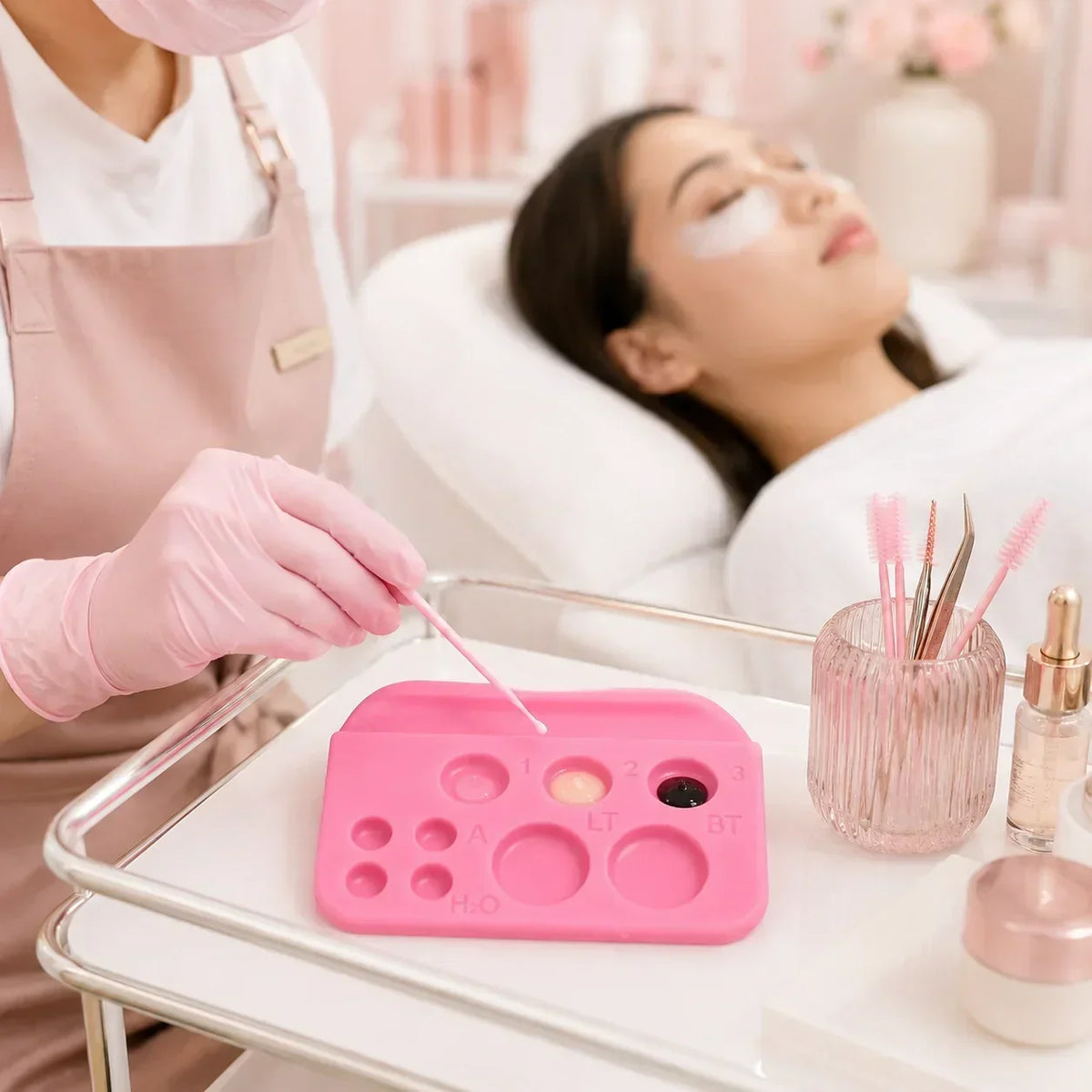 Lash lift treatment setup with silicone pads and professional application tools