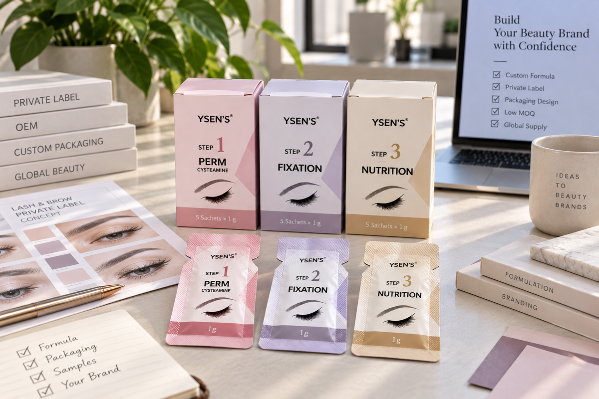 YSEN'S private label brow lamination Step 1, Step 2 and Step 3 packaging for OEM brand development