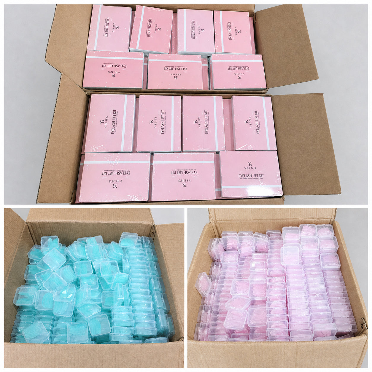 Wholesale boxes of blue and pink lash lift silicone pads for salon and bulk orders