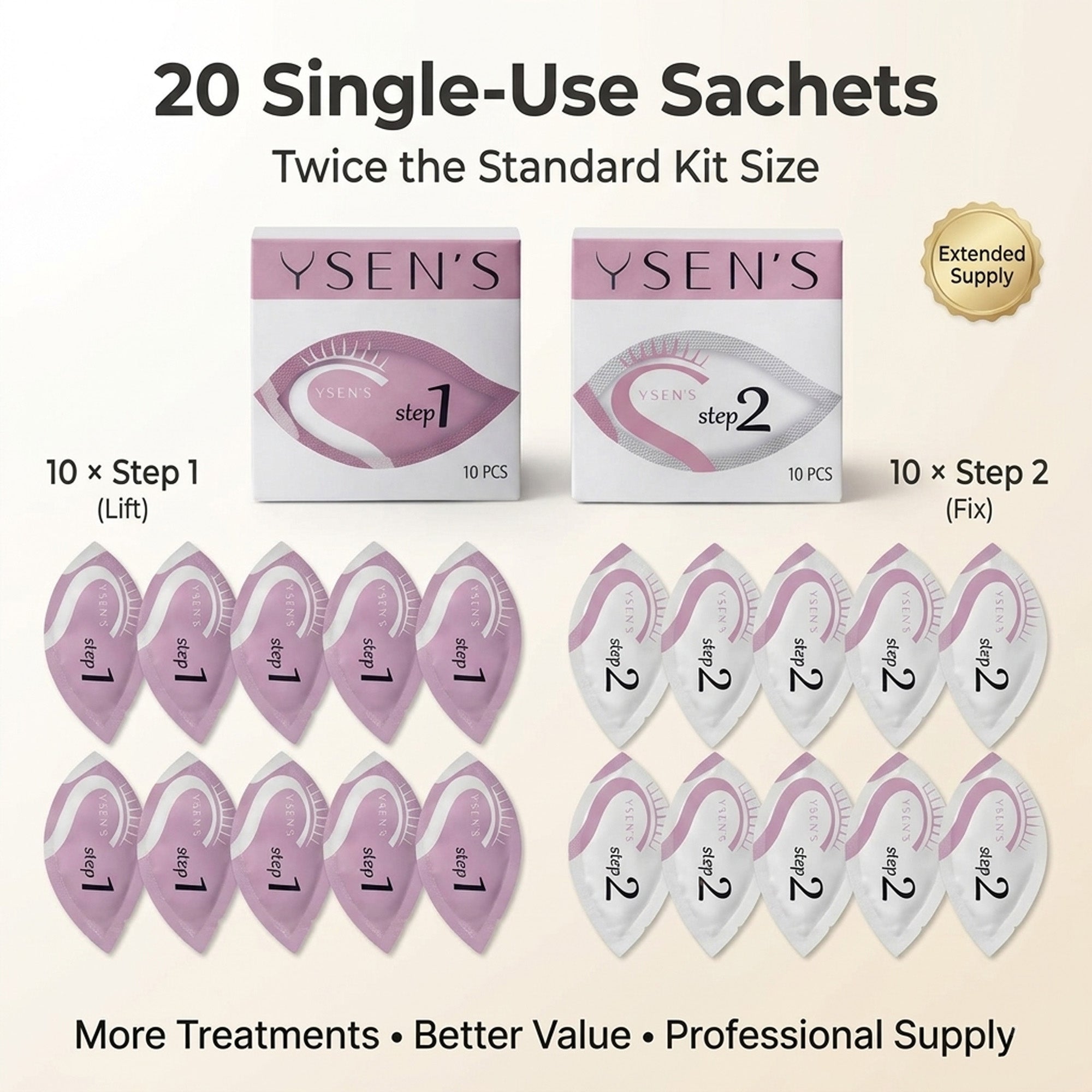 Individually sealed lash lift lotion sachets for organized storage