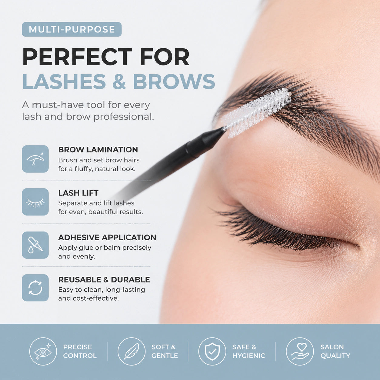 Multi purpose lash and brow brush for brow lamination, lash lift treatments, and precise beauty application
