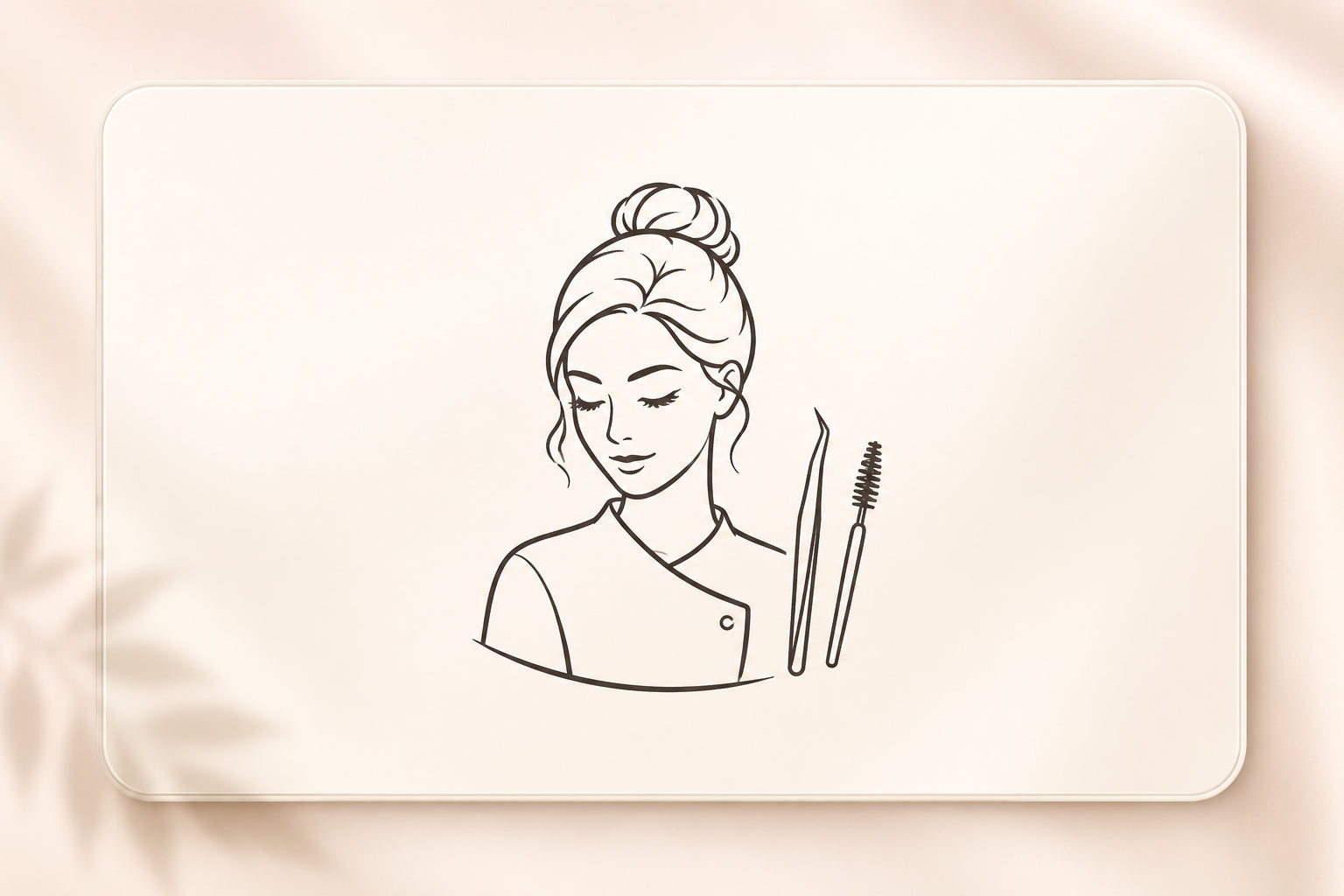 Line illustration of a professional lash artist with precision tweezers and mascara wand