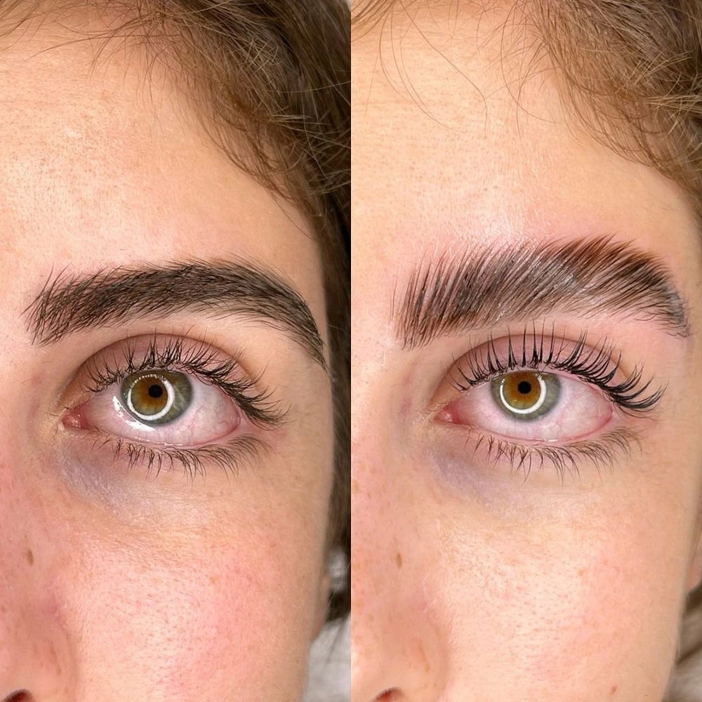 Side-by-side close-up showing brow shape and eyelash appearance in two styling photos