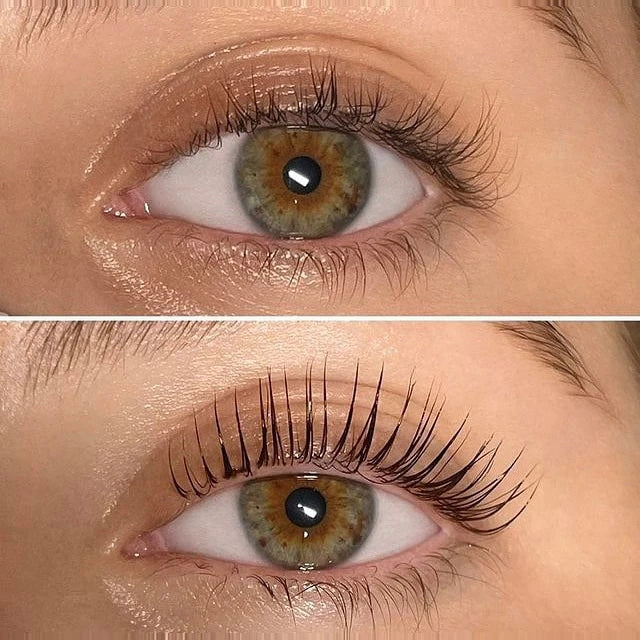 Two stacked photos of one eye showing upper lashes with a more pronounced upward curl in the lower image