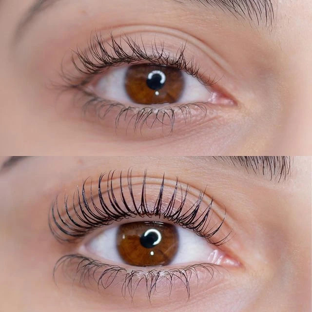 Before-and-after style pair of close-up eye photos showing a stronger upward lash curve in the lower frame
