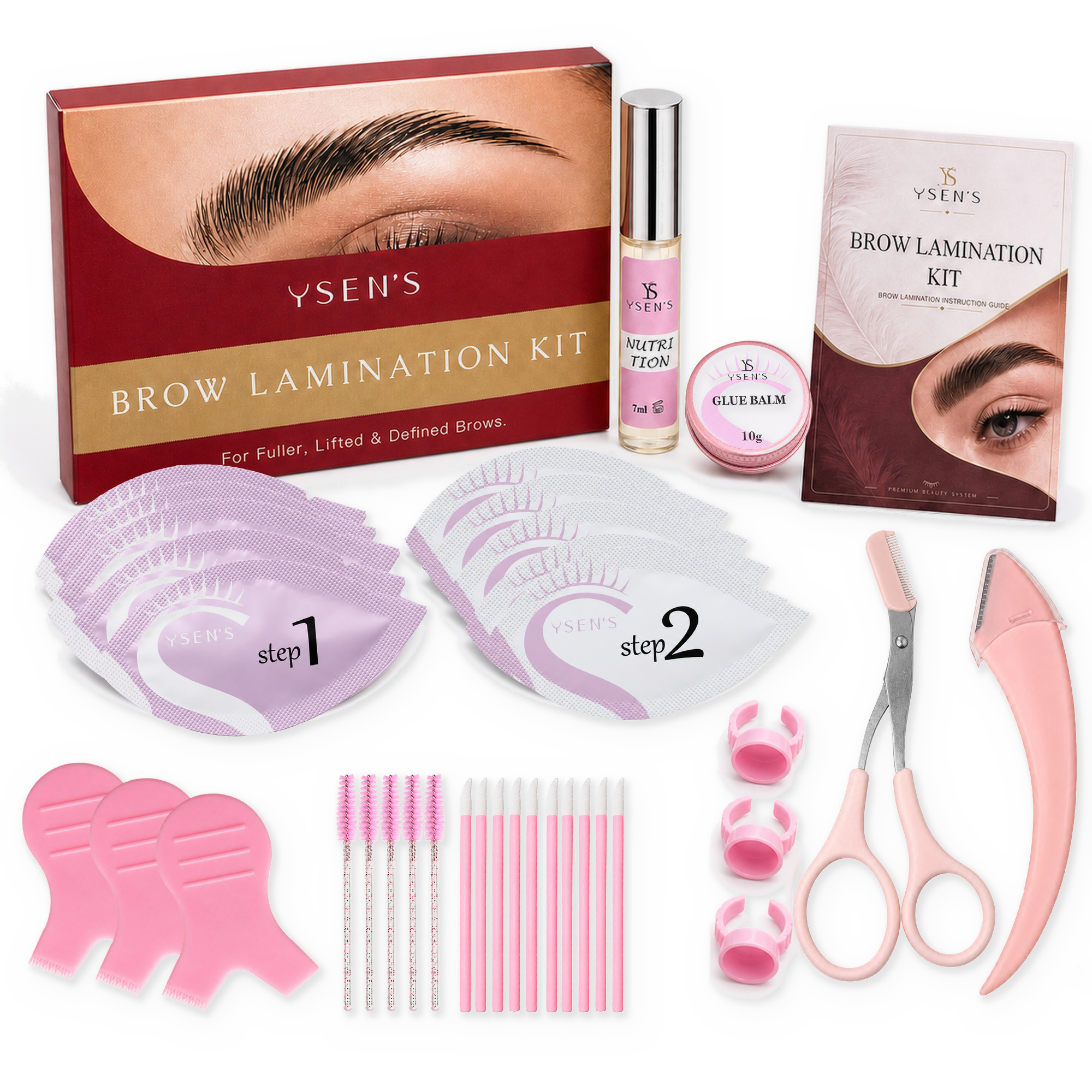 YSEN’S brow lamination kit complete set with five Step 1 and Step 2 treatments, glue balm, brow nutrition and shaping tools