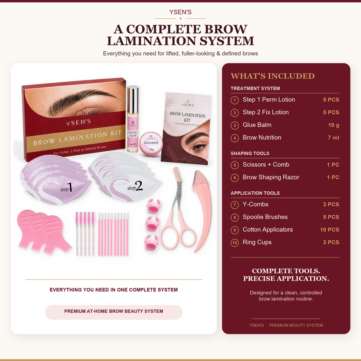 YSEN’S complete brow lamination system contents and quantities