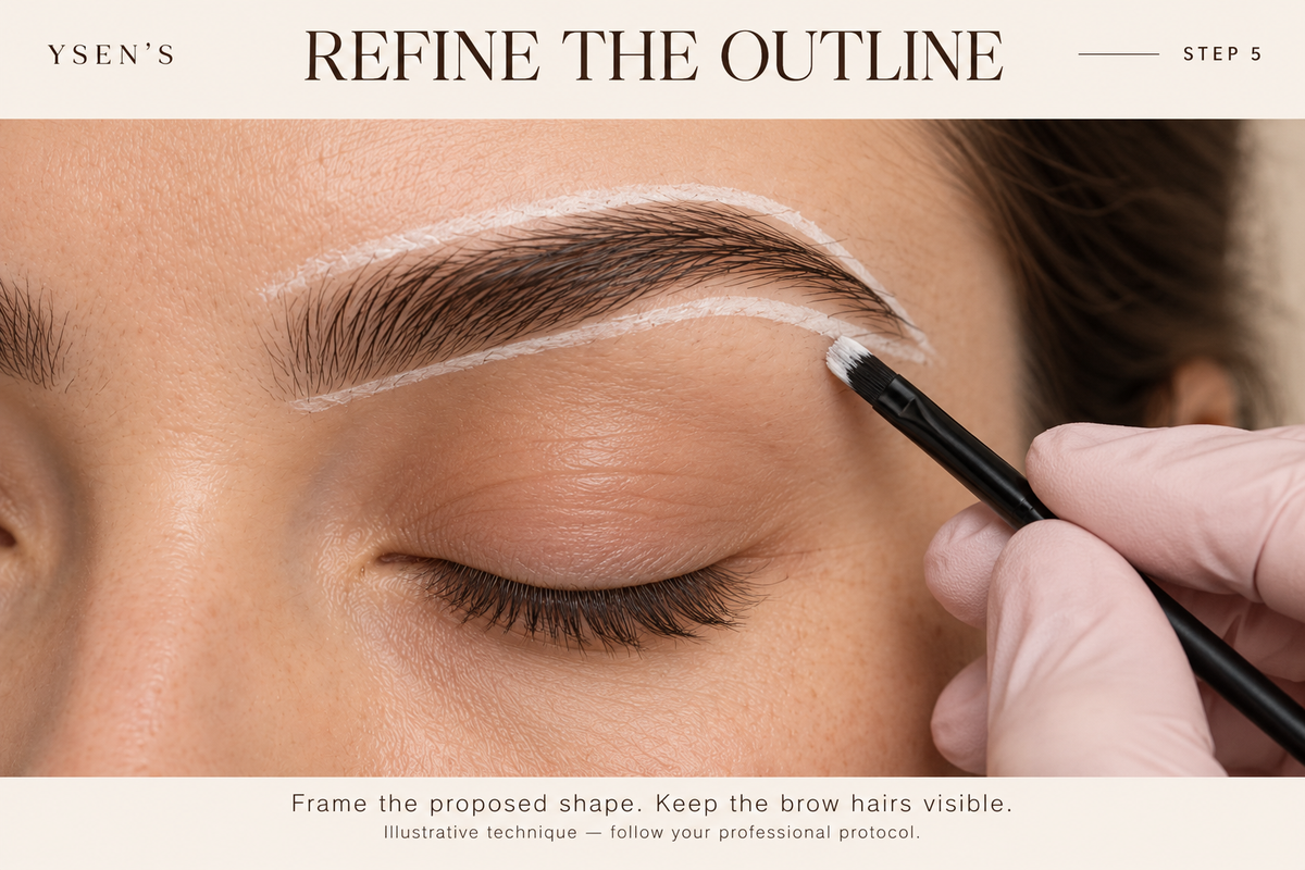 YSEN’S white brow mapping paste used to refine the skin area outside a mapped brow outline